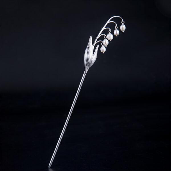 s925 sterling silver bell lily shape hairpin, nice dangle pearl flower hair stick