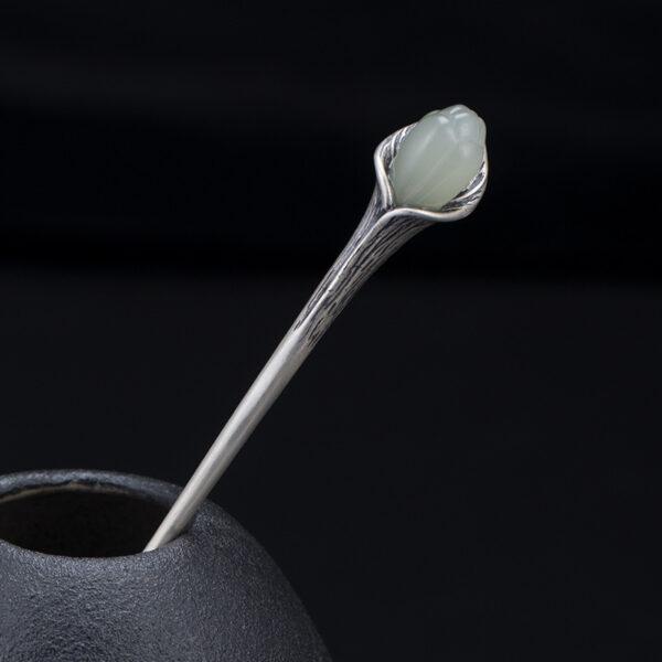 s925 sterling silver magnolia shape hairpin, nice nephrite flower hair stick