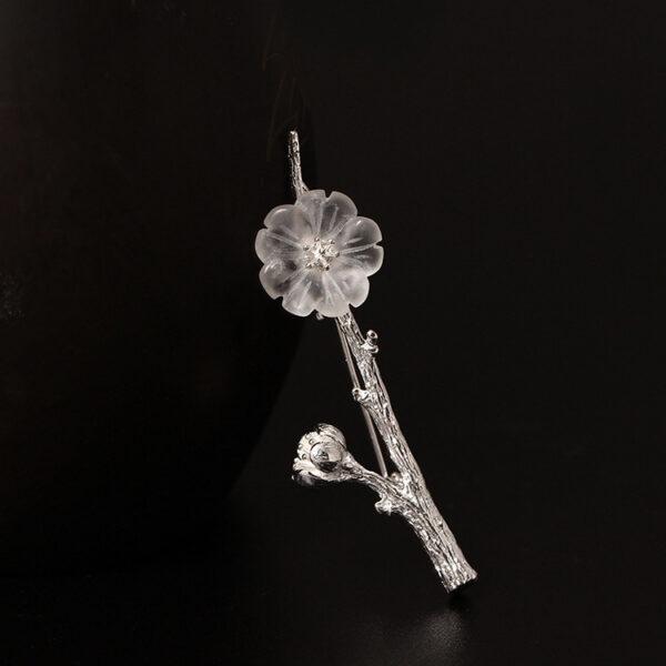s925 sterling silver plum flower shape brooch, nice clear quartz flower pin