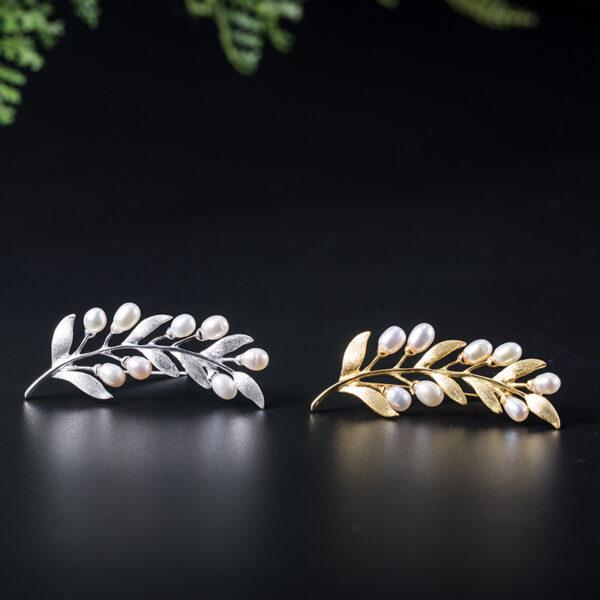 s925 sterling silver olive branch shape brooch, nice pearl leaf pin