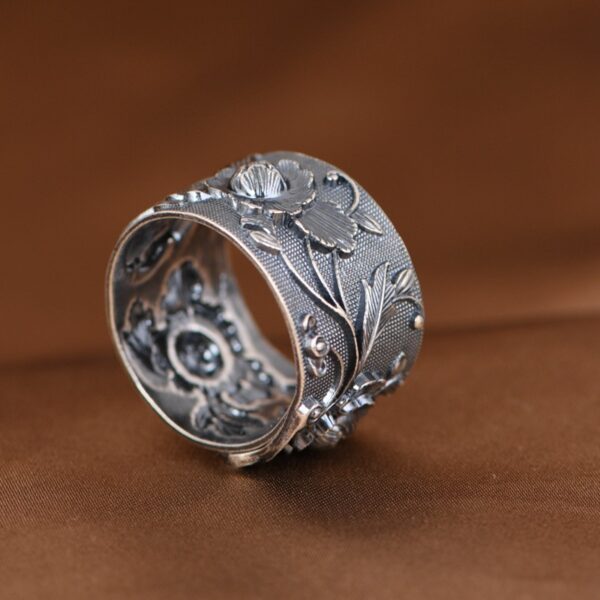 s999 fine silver peony flower shape adjustable ring, oxidized silver flower open ring - Image 2