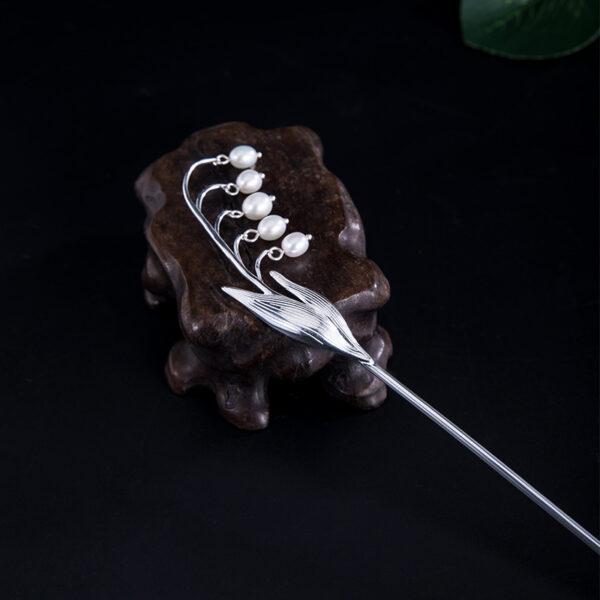 s925 sterling silver bell lily shape hairpin, nice dangle pearl flower hair stick - Image 2