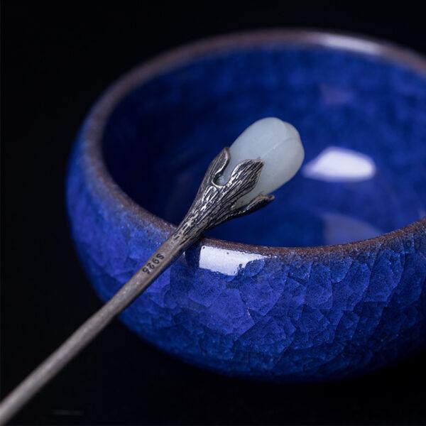 s925 sterling silver magnolia shape hairpin, nice nephrite flower hair stick - Image 3