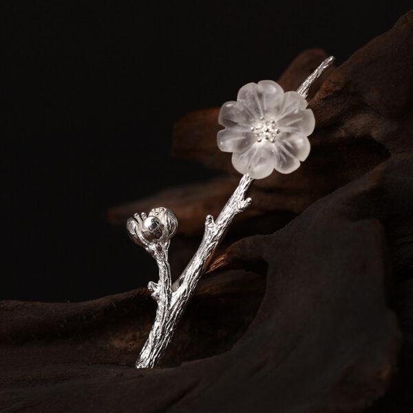 s925 sterling silver plum flower shape brooch, nice clear quartz flower pin - Image 2