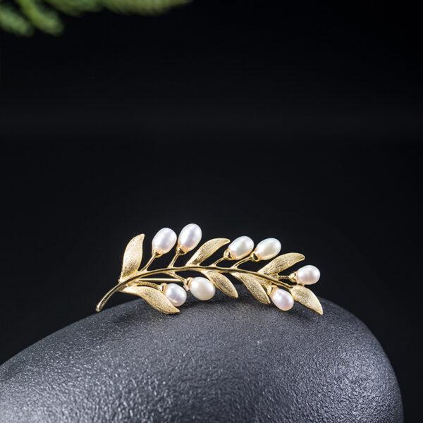 s925 sterling silver olive branch shape brooch, nice pearl leaf pin - Image 2