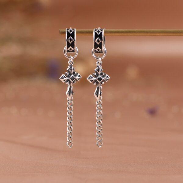 s925 sterling silver cross shape hoop earrings, a pair oxidized silver tassel earrings