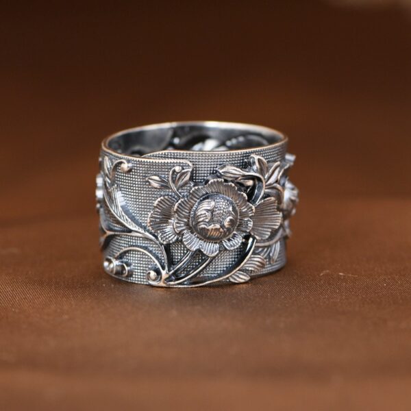 s999 fine silver peony flower shape adjustable ring, oxidized silver flower open ring - Image 3