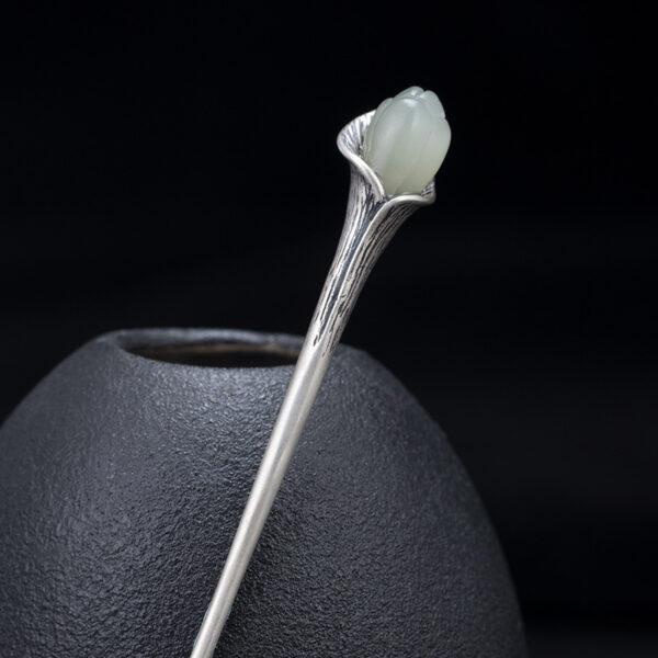 s925 sterling silver magnolia shape hairpin, nice nephrite flower hair stick - Image 3