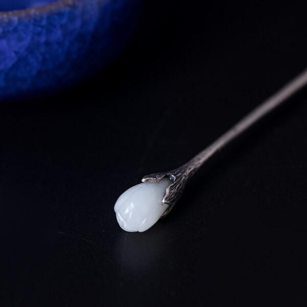 s925 sterling silver magnolia shape hairpin, nice nephrite flower hair stick - Image 4