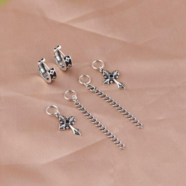 s925 sterling silver cross shape hoop earrings, a pair oxidized silver tassel earrings - Image 4