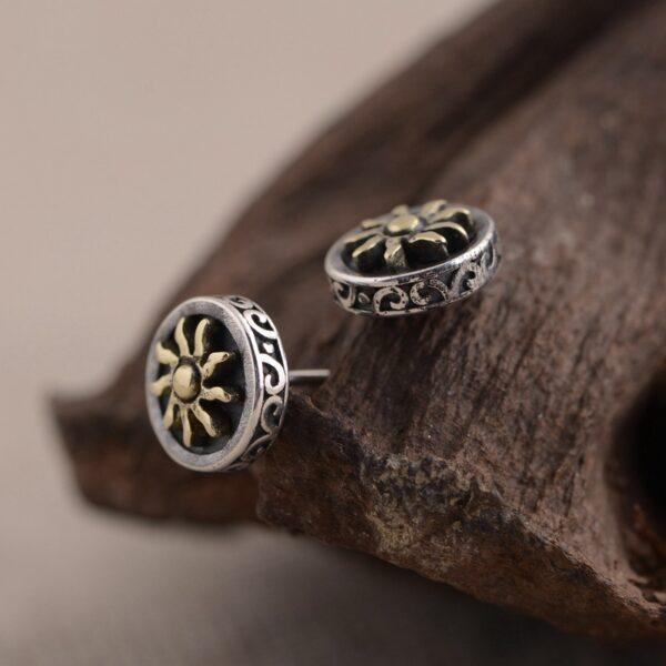 s925 sterling silver sun shape stud earrings, a pair oxidized silver stud earrings - Image 4