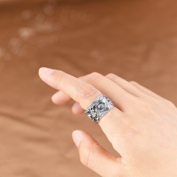 s999 fine silver peony flower shape adjustable ring, oxidized silver flower open ring - Image 4