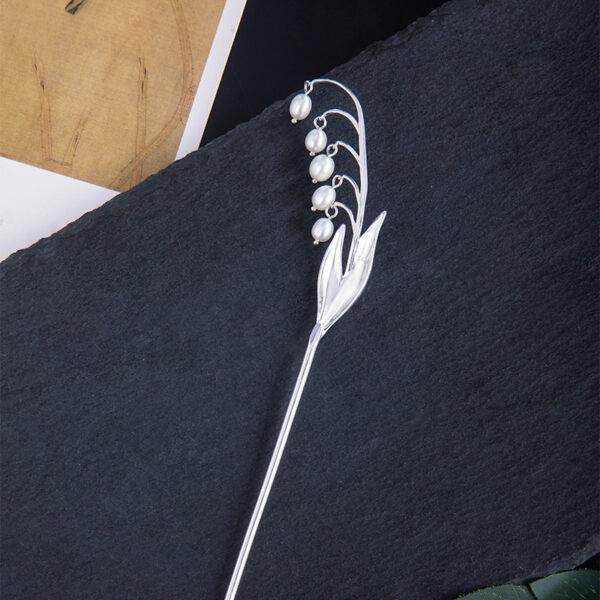 s925 sterling silver bell lily shape hairpin, nice dangle pearl flower hair stick - Image 4