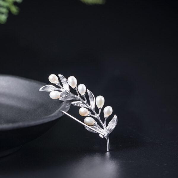 s925 sterling silver olive branch shape brooch, nice pearl leaf pin - Image 4