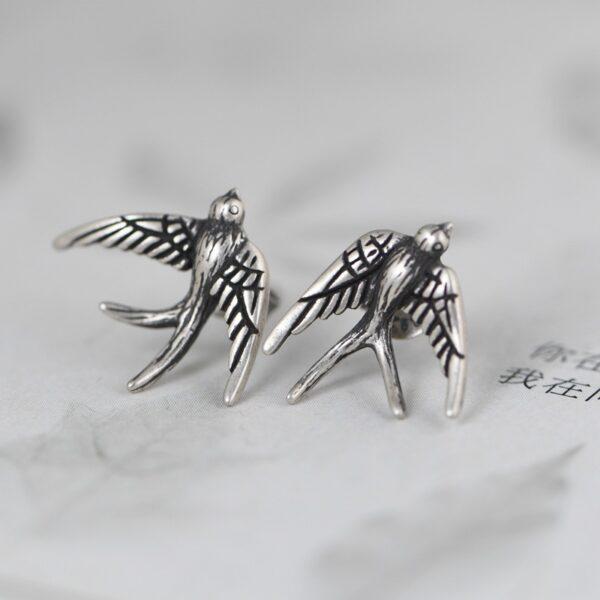s925 sterling silver swallow shape stud earrings, a pair oxidized silver bird stud earrings - Image 4
