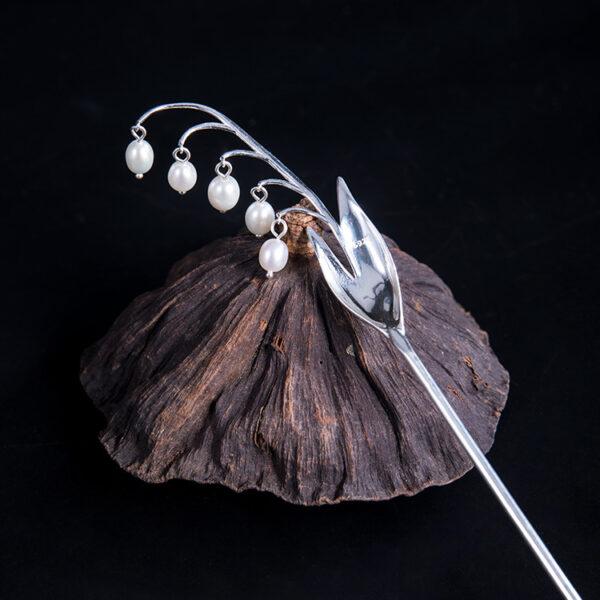 s925 sterling silver bell lily shape hairpin, nice dangle pearl flower hair stick - Image 5