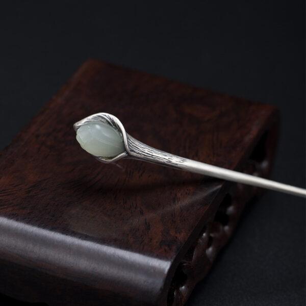 s925 sterling silver magnolia shape hairpin, nice nephrite flower hair stick - Image 5