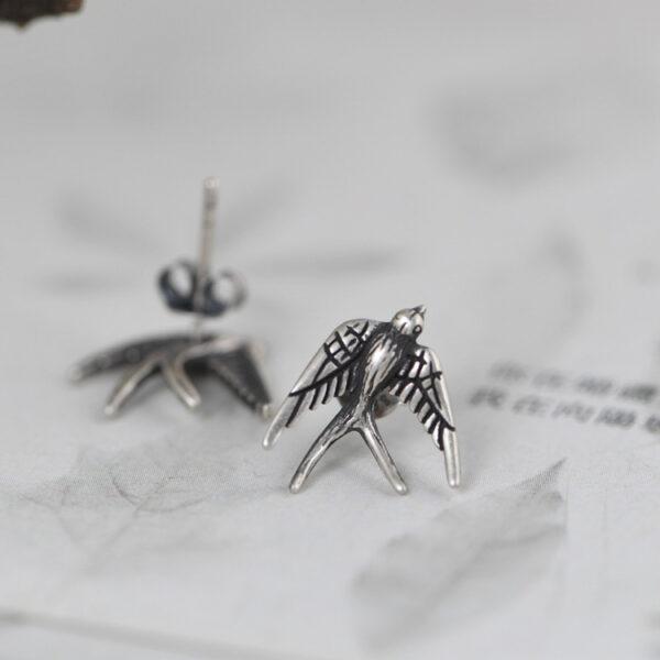 s925 sterling silver swallow shape stud earrings, a pair oxidized silver bird stud earrings - Image 5