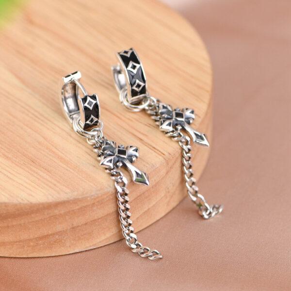 s925 sterling silver cross shape hoop earrings, a pair oxidized silver tassel earrings - Image 5