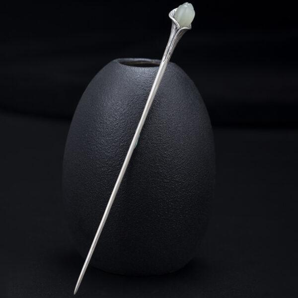 s925 sterling silver magnolia shape hairpin, nice nephrite flower hair stick - Image 6