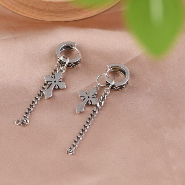 s925 sterling silver cross shape hoop earrings, a pair oxidized silver tassel earrings - Image 6