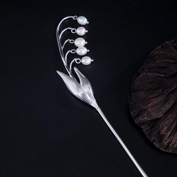 s925 sterling silver bell lily shape hairpin, nice dangle pearl flower hair stick - Image 6