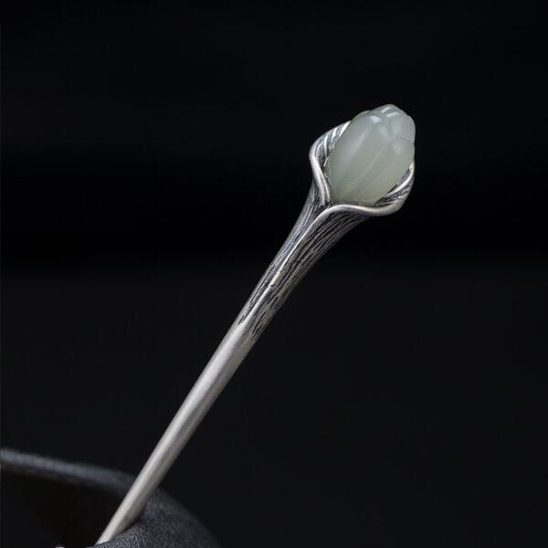 s925 sterling silver magnolia shape hairpin, nice nephrite flower hair stick - Image 7