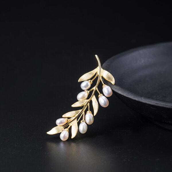 s925 sterling silver olive branch shape brooch, nice pearl leaf pin - Image 5