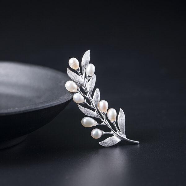 s925 sterling silver olive branch shape brooch, nice pearl leaf pin - Image 6
