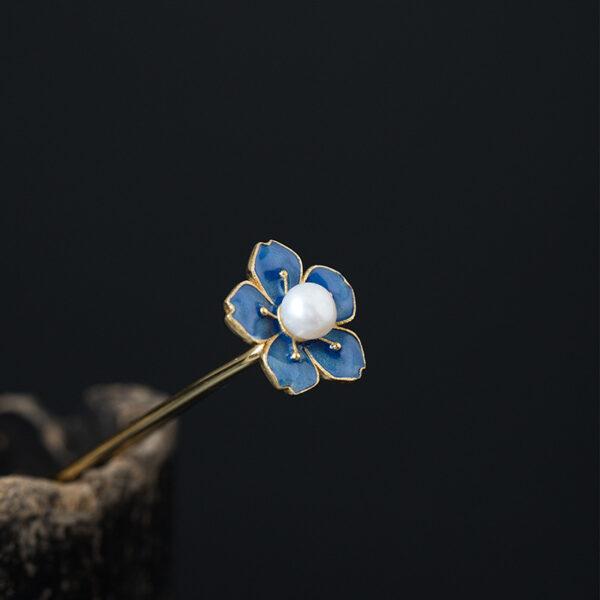 plum bossom hairpin, flower hairpin, silver hairpin, blue hairpin, enamel hairpin, s925 sterling silver, hair fork