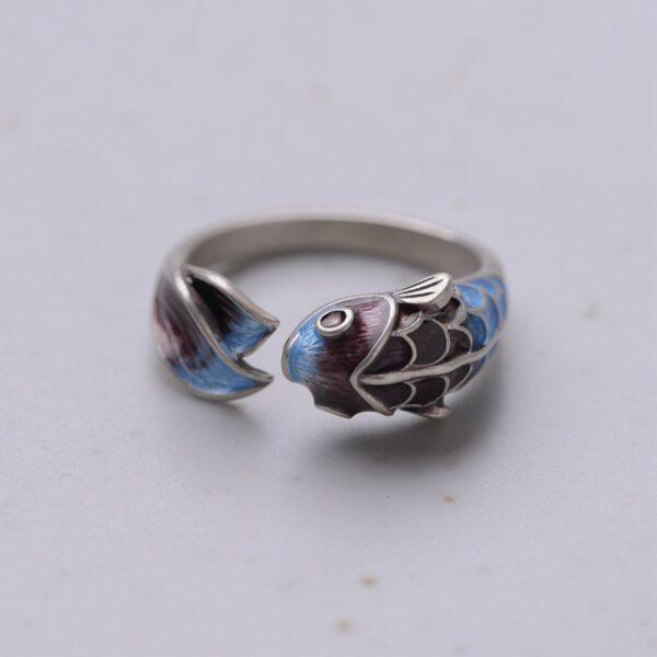 koi ring, fish ring, silver ring, blue ring, open ring, adjustable ring, enamel ring, s925 sterling silver ring - Image 2