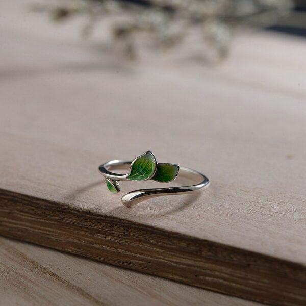 leaves ring, branch ring, silver ring, blue ring, green ring, open ring, adjustable ring, enamel ring, s925 sterling silver ring - Image 3