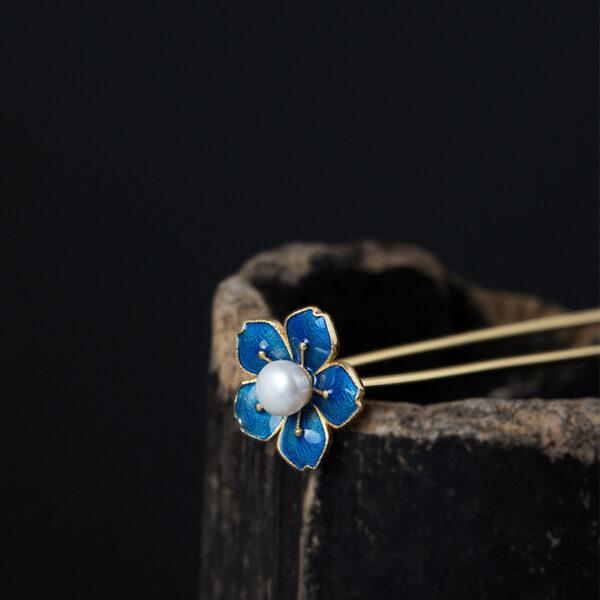 plum bossom hairpin, flower hairpin, silver hairpin, blue hairpin, enamel hairpin, s925 sterling silver, hair fork - Image 3