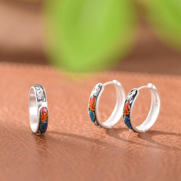 fox ring, fox earrings, silver ring, silver earrings, open ring, adjustable ring, hoop earrings, enamel ring, s990 fine silver ring - Image 4