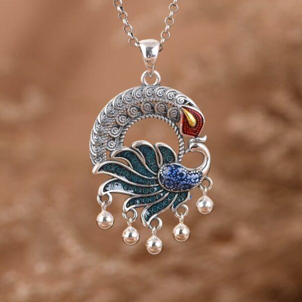 phoenix pendant, phoenix earrings, enamel pendant, oxidized s925 sterling silver pendant - Image 5